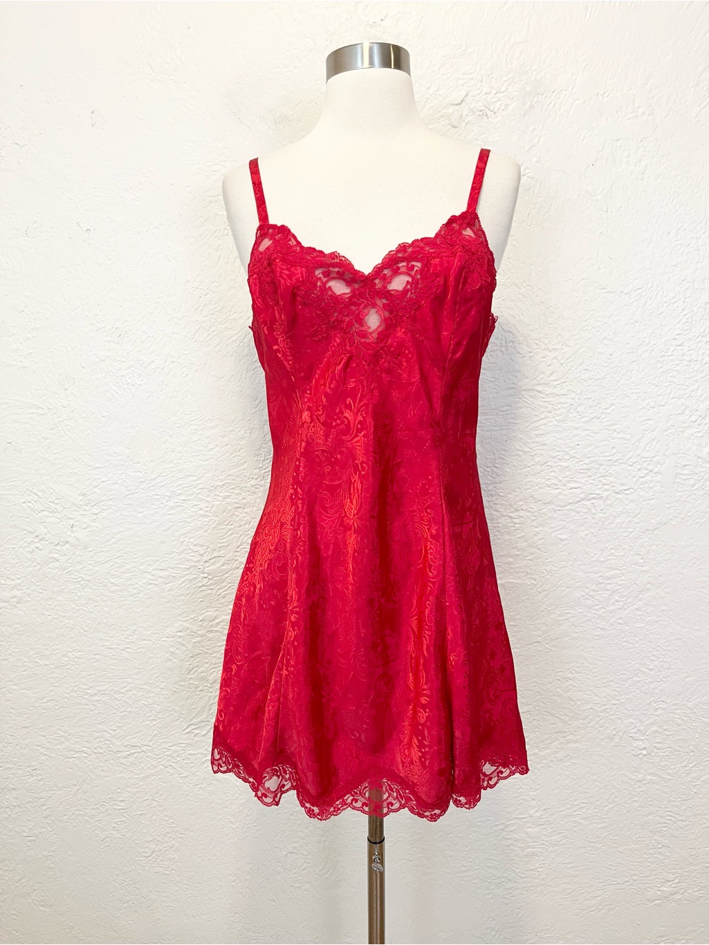 Vintage Victoria's Secret Gold Label Red Satin Slip Dress Floral Lace Trim M
